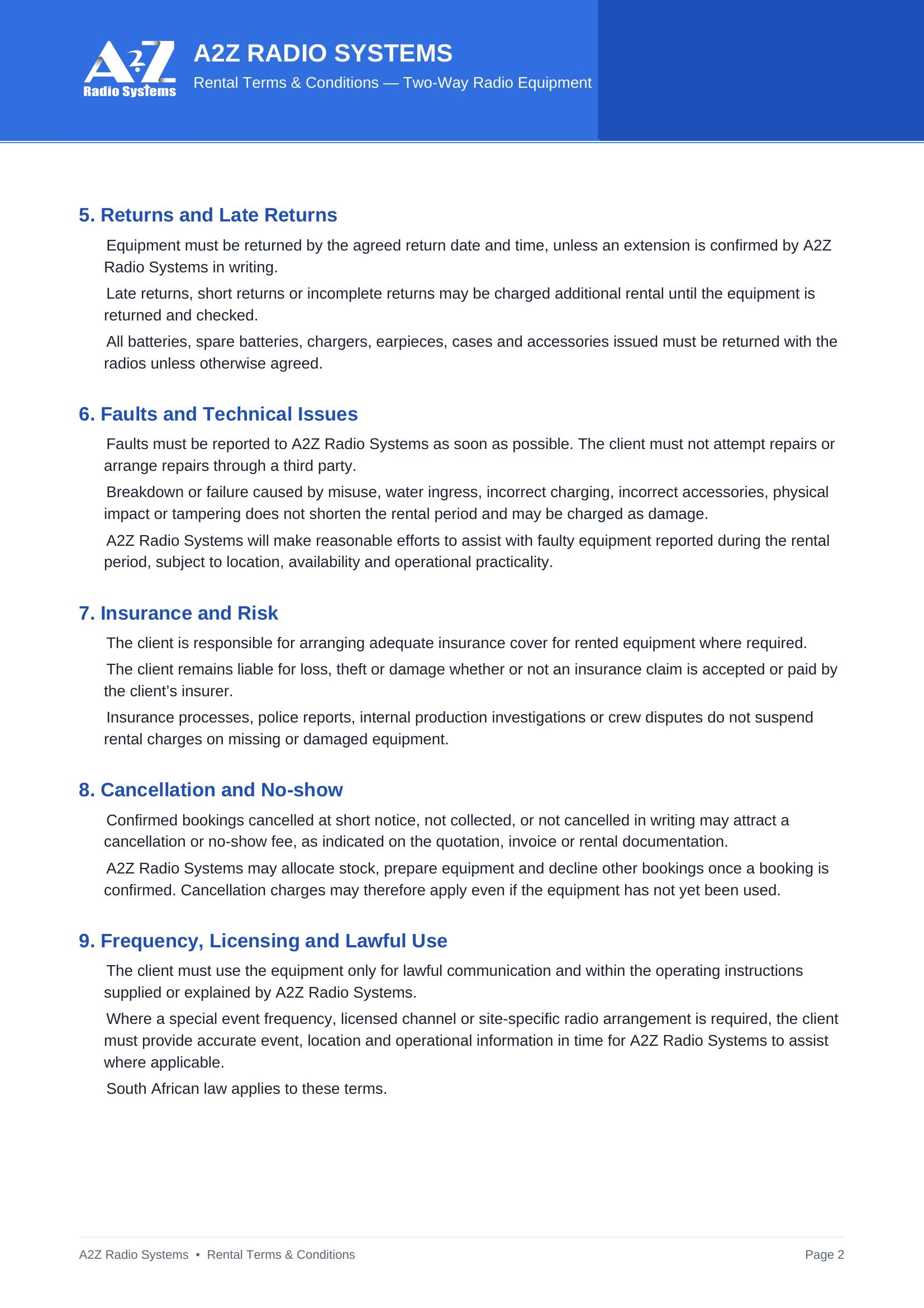 A2Z Rental Terms and Conditions — page 2